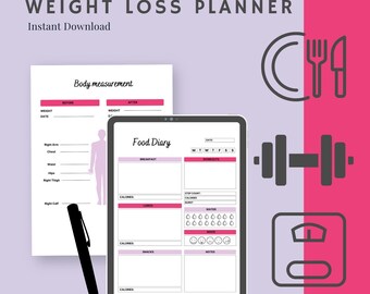 Gewichtsverliesplanner | Afdrukbaar fitness- en wellnessdagboek | Digitale glow-uptracker van 27 pagina's | Digitale pdf-download Coreline