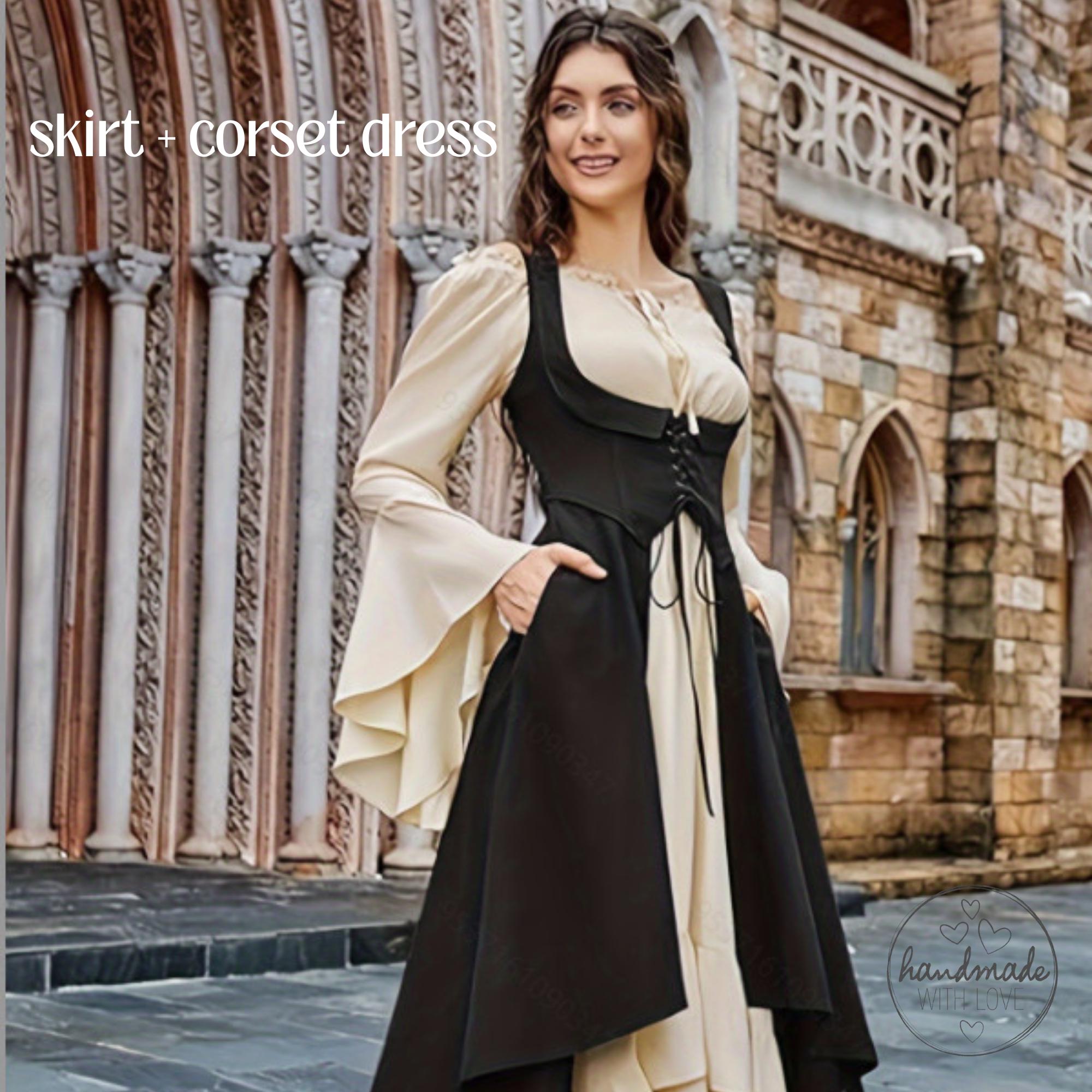 Renaissance Underbust Corset Dress – Pirate Peasant Costume High Low Gown with Slits – Medieval Festival Outfit for Women, Bodice dress