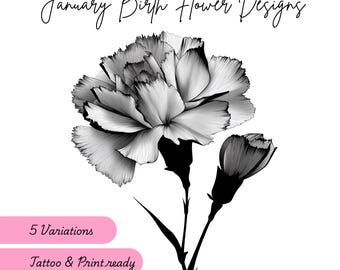 January Birth Flower Design, Carnation Flower, 5 Variations, Floral Tattoo and Print Design, Flower Gift, Digital Download