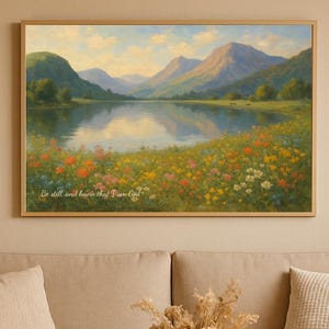 Be still and know that I am God Floral Poster Design, Peaceful Vintage Style Landscape Art, Relaxing Psalm 46:10 Wildflower Scenery Painting