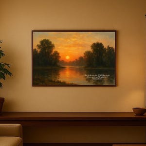 Psalm 118:24 Scenery River Painting, Mountain Landscape Bible Verse Poster, Calm Christian Sunset Vintage Style Decor, Peaceful Nature Art