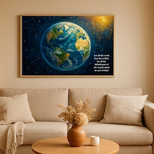 Op de afbeelding: Een ingelijste print met een gedetailleerde illustratie van de aarde, met continenten en oceanen tegen een sterrenachtergrond. Het kunstwerk bevat de tekst: "Laat de hele aarde de HEERE vrezen, laat alle bewoners van de wereld voor Hem beven!"