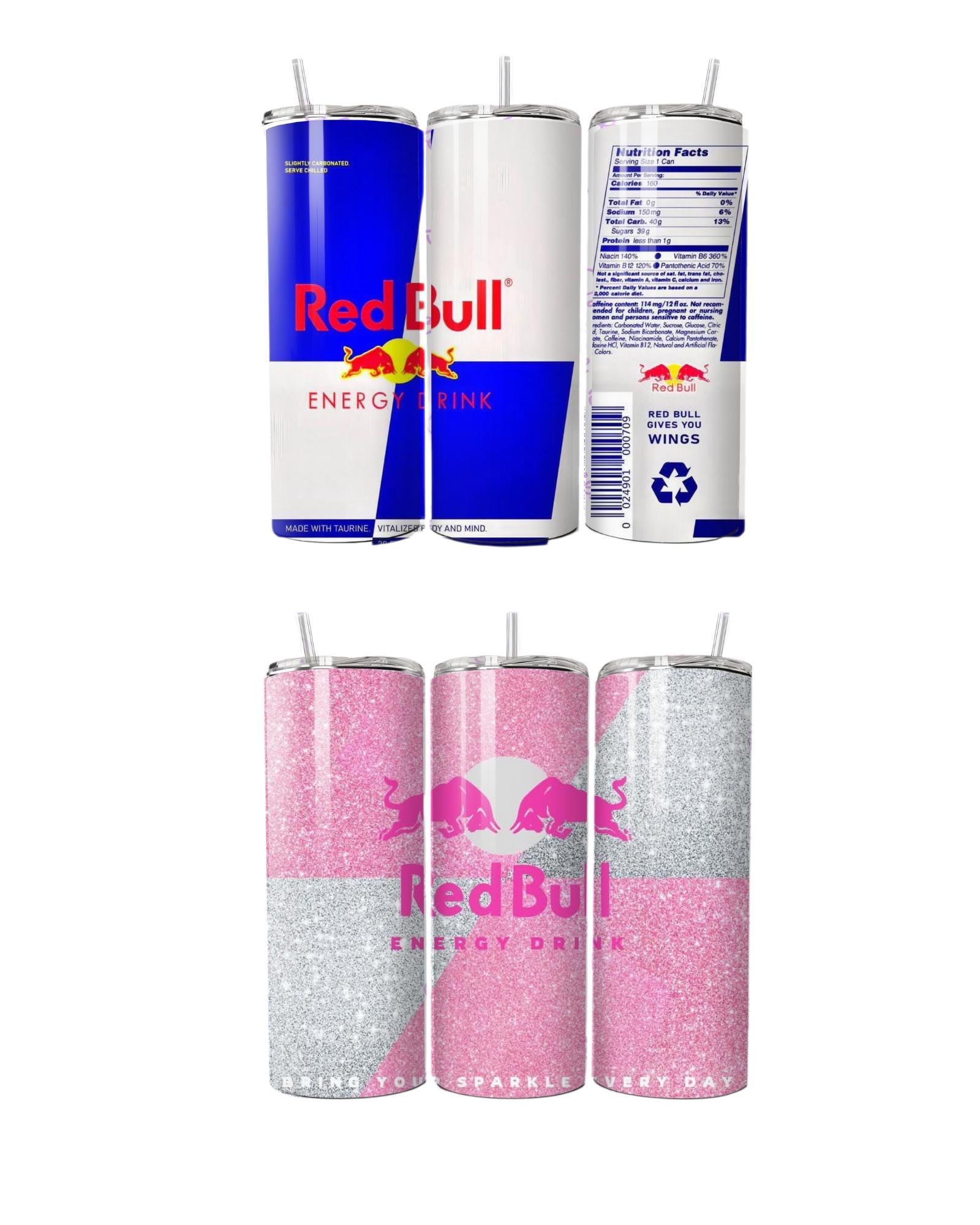 Vaso de bebida energética Red Bull de 20 oz / Vaso delgado inspirado en bebidas energéticas / Vaso aislado de acero inoxidable con pajita / Idea de re