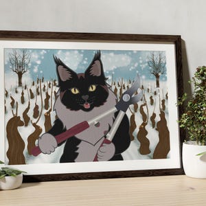 Ilustración del gato ChoupaChoups: MaineCoon podando la vid, viñedo nevado, arte mural de Borgoña