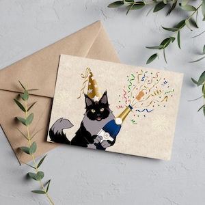 Illustration ChoupaChoups Fête – Illustration Chat et Champagne, MaineCoon, Joyeux Événement, Félicitations, Humour