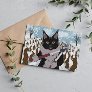 Wine illustration, Maine Coon cat in the vines, Choupa snowy vineyard in Burgundy, wine decoration card or poster