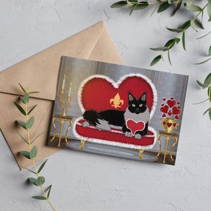 Valentinstag Illustration – ChoupaChoups die MaineCoon auf einem roten Thron – Liebe, Katzen, originelles romantisches Geschenk