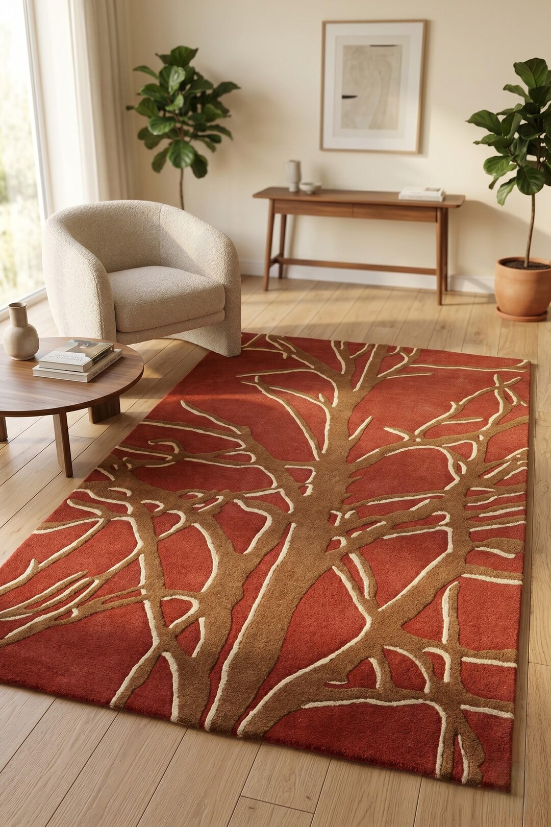 Tree Branch Rugs Hand-tufted Wool Rug With Abstract Tree Branch Design - Luxury Rust ...