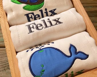Personalized Burp Cloths, Turtle and Whale themed burp cloths
