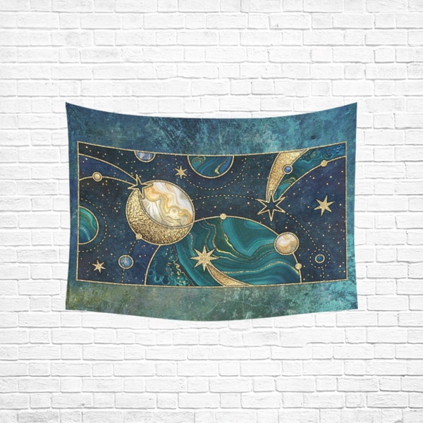 Celestial Geometry Fantasy Tapestry/Wall Art | Perfect for Office, Living Room, Meditation Space, Bedroom, Entryway | Moon and Stars Marble