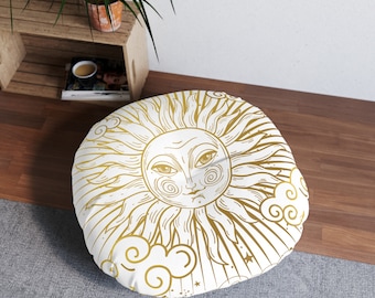 Large Round Tufted Floor Pillow | Celestial Gold Sun Meditation Pillow | Yoga Sun Moon Stars Home Decor | Two Sizes Available 26in or 30in