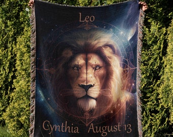 Personalized Leo Lion Woven Zodiac Blanket/Throw | 100% Cotton Tapestry with Fringe | Astrology/Spiritual Birthday Gift Unisex | Made in USA