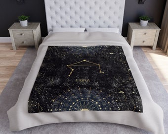 Libra Constellation Crushed Velvet Blanket | Zodiac/Astrology Home Decor | Modernistic Style | Moon, Stars, Celestial | Gift for Him or Her