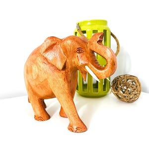 Handcrafted Wooden Elephant Figurine, Decorative Carved Statue with Tusks, Trunk up