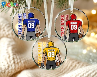Adorno personalizado de jugador de fútbol americano, recuerdo navideño de fútbol americano, regalo para equipo de fútbol americano, regalo para aficionado al fútbol americano, nombre y número personalizados