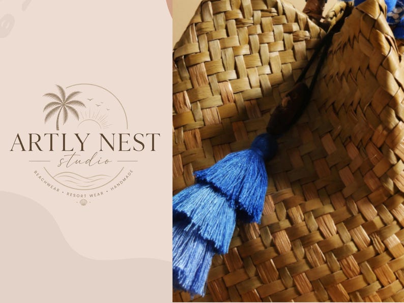 Handwoven Straw Bucket Bag Blue Beaded Handle Raffia Handbag Boho Summer Purse Beach Vacation Bag Gift for Her