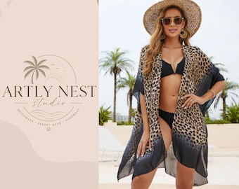 Kimono copricostume con stampa leopardata, copricostume da spiaggia da donna, kimono cardigan boho, copricostume, abbigliamento da resort, outfit estivo, kimono leggero