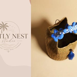 Handwoven Straw Bucket Bag Blue Beaded Handle Raffia Handbag Boho Summer Purse Beach Vacation Bag Gift for Her