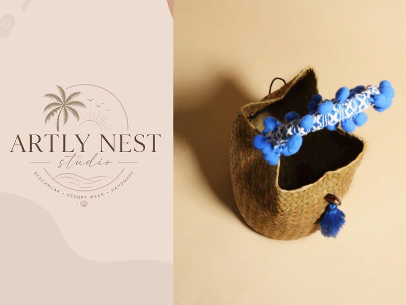 Handwoven Straw Bucket Bag Blue Beaded Handle Raffia Handbag Boho Summer Purse Beach Vacation Bag Gift for Her