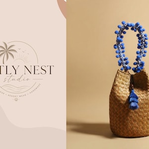 Handwoven Straw Bucket Bag Blue Beaded Handle Raffia Handbag Boho Summer Purse Beach Vacation Bag Gift for Her