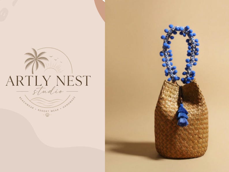 Handwoven Straw Bucket Bag Blue Beaded Handle Raffia Handbag Boho Summer Purse Beach Vacation Bag Gift for Her