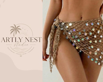 Crochet Mesh Coin Skirt Beach Cover Up Wrap Boho Festival Hip Scarf