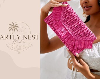 Pink Raffia Clutch Bag Handwoven Fringe Straw Clutch Summer Beach Purse Vacation Handbag for Women