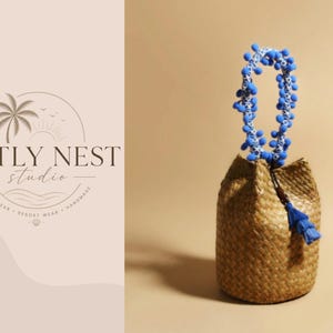 Handwoven Straw Bucket Bag Blue Beaded Handle Raffia Handbag Boho Summer Purse Beach Vacation Bag Gift for Her
