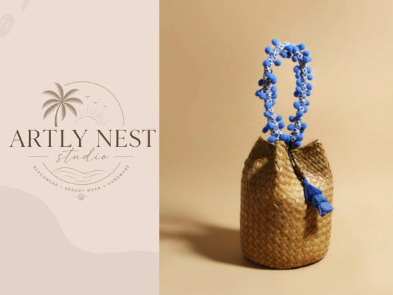 Handwoven Straw Bucket Bag Blue Beaded Handle Raffia Handbag Boho Summer Purse Beach Vacation Bag Gift for Her