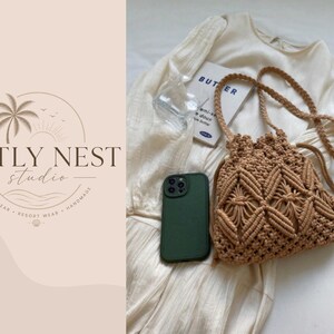 May include: A beige macrame drawstring bag with a diamond pattern, a long braided strap, a cream-colored long-sleeve blouse, a dark green smartphone, and a book titled BUTTER. The image includes a logo for Artly Nest Studio with a palm tree.