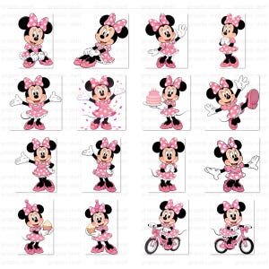 May include: A collection of cartoon illustrations of Minnie Mouse in various poses. Minnie Mouse is wearing a pink dress with white polka dots, a matching bow, and shoes. Some illustrations show her holding a cupcake, a cake, or riding a bicycle.
