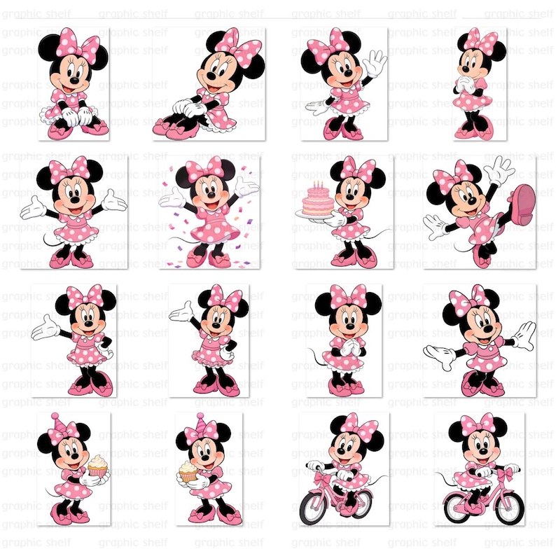 May include: A collection of cartoon illustrations of Minnie Mouse in various poses. Minnie Mouse is wearing a pink dress with white polka dots, a matching bow, and shoes. Some illustrations show her holding a cupcake, a cake, or riding a bicycle.
