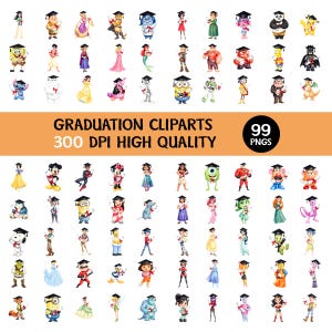 Puede incluir: Una colección de 99 cliparts de graduación PNG con varios personajes de dibujos animados que llevan birretes y sostienen diplomas. La imagen incluye personajes de películas y programas animados populares, con el texto "GRADUATION CLIPARTS 300 DPI HIGH QUALITY".
