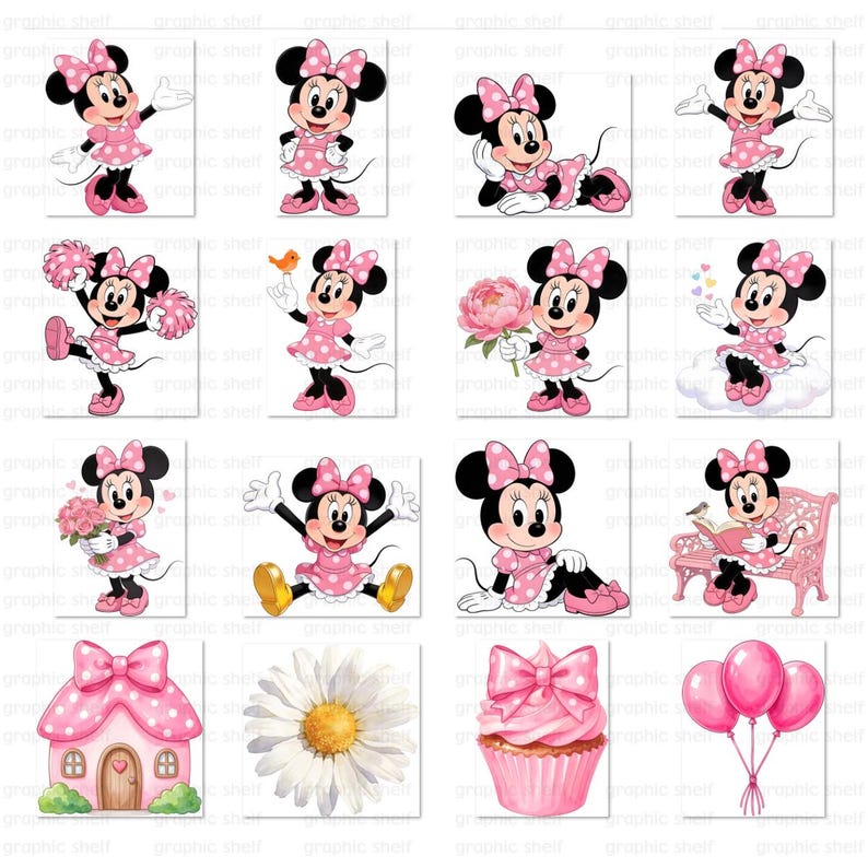 May include: A collection of Minnie Mouse illustrations in various poses, all wearing pink dresses with white polka dots and matching bows. The images include Minnie holding flowers, a bird, and balloons, and sitting on a bench. Also included are a pink house, a daisy, and a cupcake.