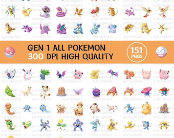 Pokemon PNG Bundle Gen 1 , Pokemon Clipart PNG Bundle, Pikachu Character Images, Cartoon PNG Files, Transparent Background Digital Download