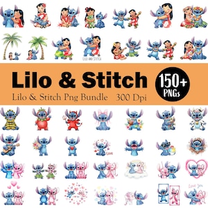 Puede incluir: Un paquete de arte digital con personajes de Lilo & Stitch en varias poses y atuendos. La imagen incluye el texto "Lilo & Stitch Png Bundle 300 Dpi" y "150+ PNGs". Los personajes están representados en colores vibrantes.