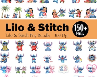 Lilo & Stitch Watercolor Clipart PNG Bundle, Digital Download