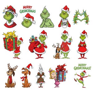 Puede incluir: Una colección de ilustraciones de dibujos animados con el Grinch en varias poses, usando un gorro de Papá Noel y un traje rojo. Otros personajes incluyen un perro con cuernos y una niña. También se muestra la frase "MERRY GRINCHMAS".