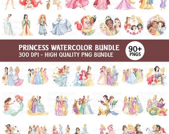 May include: A digital collection of watercolor illustrations featuring various animated princesses in diverse gowns and poses. The set includes individual characters and group arrangements, with text reading PRINCESS WATERCOLOR BUNDLE 300 DPI.