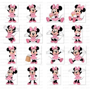 May include: A collection of sixteen images featuring Minnie Mouse in various poses. Minnie Mouse is depicted in a pink polka-dot dress, matching bow, and shoes. The images are set against a white background.