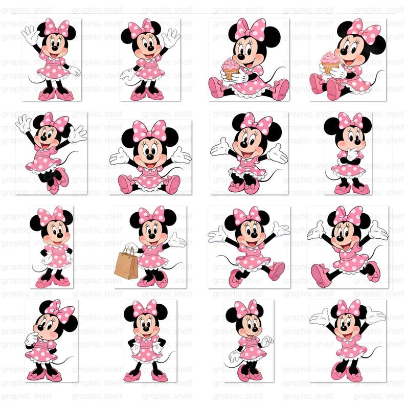 May include: A collection of sixteen images featuring Minnie Mouse in various poses. Minnie Mouse is depicted in a pink polka-dot dress, matching bow, and shoes. The images are set against a white background.