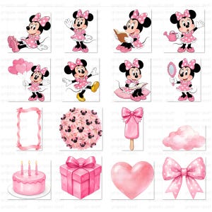 May include: A collection of pink watercolor illustrations featuring Minnie Mouse in various poses, along with a cake, gift box, heart, bow, and other decorative elements. The images are set against a white background.