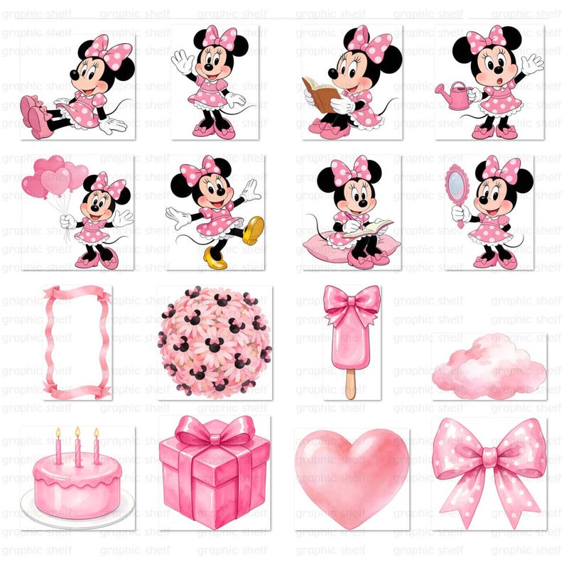 May include: A collection of pink watercolor illustrations featuring Minnie Mouse in various poses, along with a cake, gift box, heart, bow, and other decorative elements. The images are set against a white background.