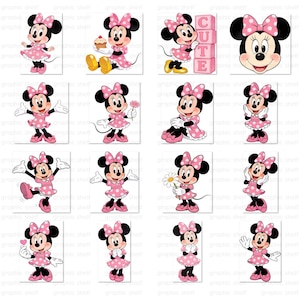 May include: A collection of Minnie Mouse illustrations. Each image features Minnie in a pink polka-dot dress and bow, in various poses. Some images include props like a cupcake, flowers, and blocks spelling "CUTE".