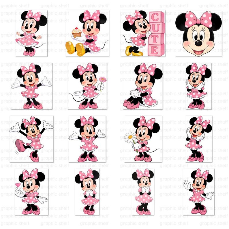 May include: A collection of Minnie Mouse illustrations. Each image features Minnie in a pink polka-dot dress and bow, in various poses. Some images include props like a cupcake, flowers, and blocks spelling "CUTE".