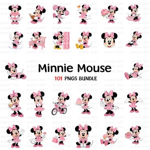 May include: A collection of Minnie Mouse PNG images in various poses and activities. The images feature Minnie Mouse in a pink polka-dot dress, bow, and shoes. The text "Minnie Mouse" and "101 PNGS BUNDLE" are also visible.