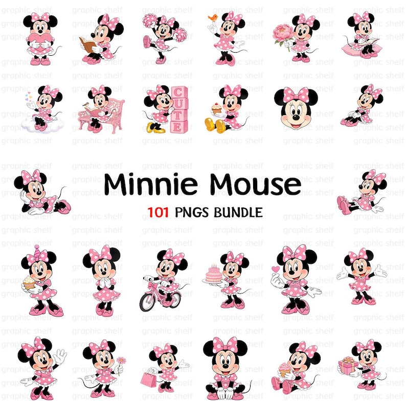 May include: A collection of Minnie Mouse PNG images in various poses and activities. The images feature Minnie Mouse in a pink polka-dot dress, bow, and shoes. The text "Minnie Mouse" and "101 PNGS BUNDLE" are also visible.