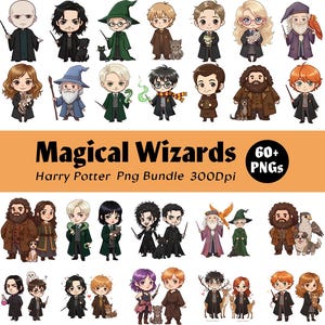 Może przedstawiać: Cyfrowa ilustracja przedstawiająca wielu kreskówkowych czarodziejów, z których każdy trzyma różdżkę. Obraz zawiera tekst "Magical Wizards" i "Harry Potter Png Bundle 300Dpi". Czarodzieje są przedstawieni w różnych strojach i pozach, niektórzy ze zwierzętami.