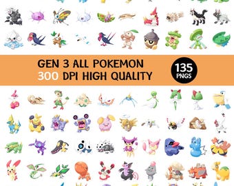 135x Pokemon PNG Bundle Gen 3 , Pokemon Clipart Bundle, Pikachu Character Images, Cartoon PNG Files, Transparent Background Digital Download