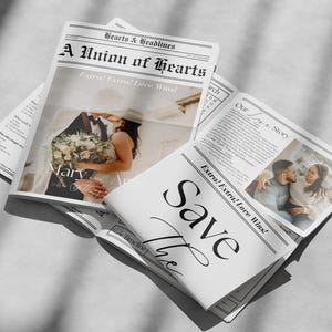May include: Newspaper-style wedding announcement with the headline "A Union of Hearts." The front page features a photo of a couple, with the text "Mary" below. The words "Save the" are on the cover.